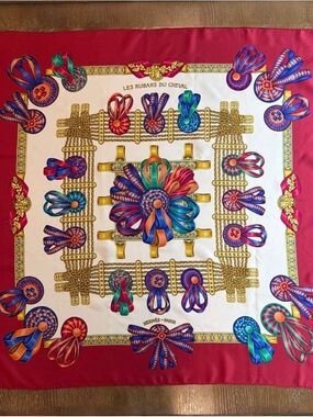 HERMES Scarf LES RUBANS DU CHEVAL Carre 90 100% Silk Multicolor Authentic